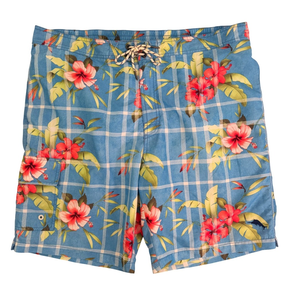 Tommy Bahama Relax Mens XL Blue Plaid Hibiscus Tropical Swim Trunks Board Shorts